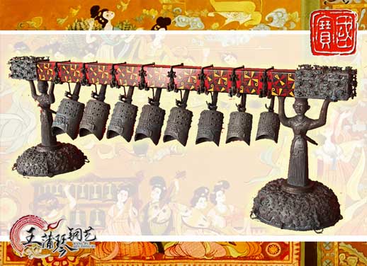 8件古編鐘，銅人銅座裝飾，可發(fā)音